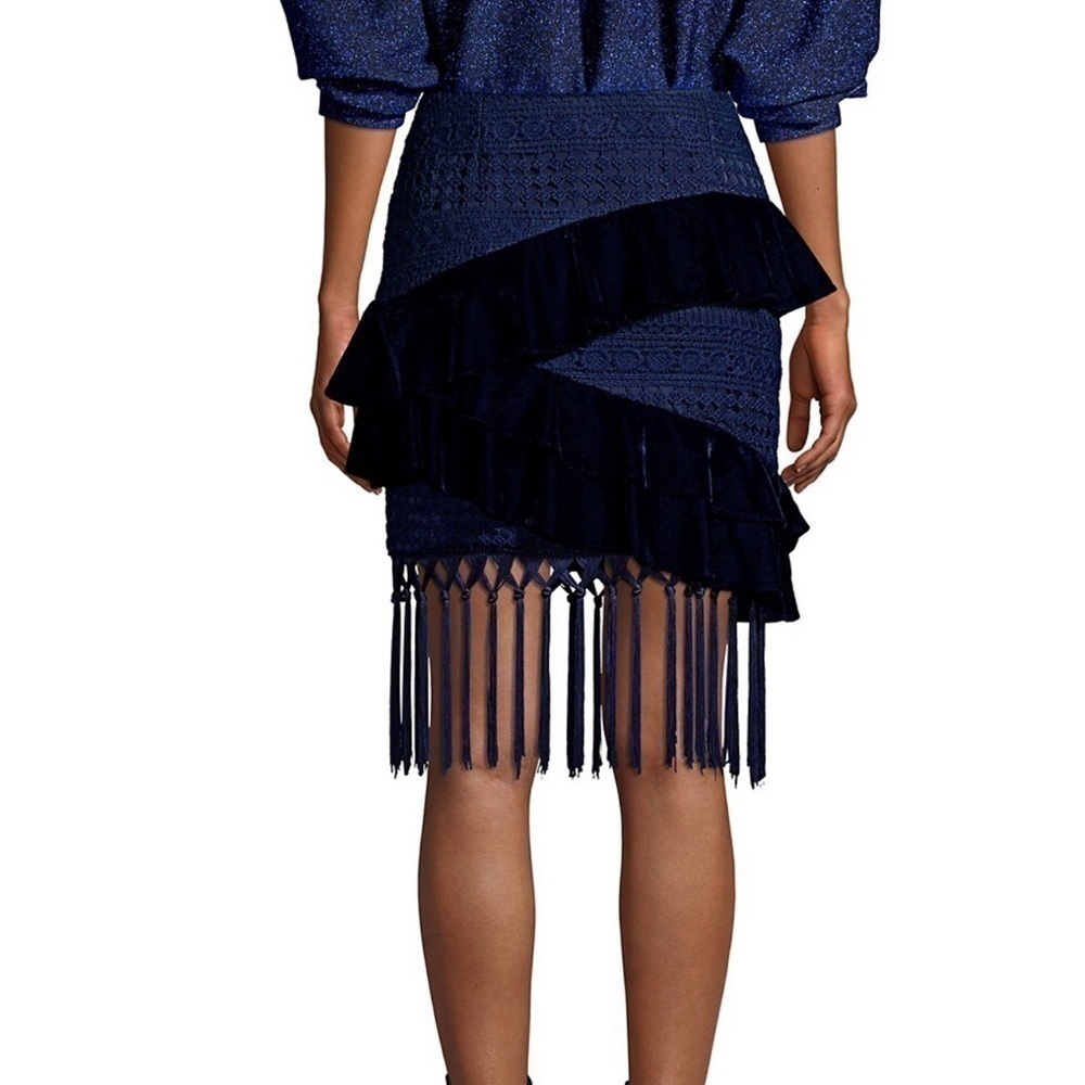 PatBO Velvet & Lace Fringed Mini Skirt in navy size 2 - Picture 1 of 11